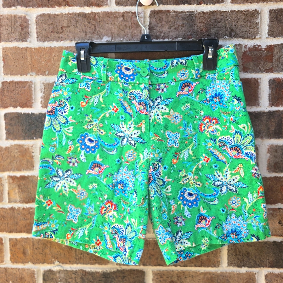 Talbots Green Floral Linen Blend Shorts Women’s Size 4 High Rise Summer